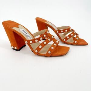 Jimmy Choo Hazal 85 Orange Suede Pearl Studded Heeled Mule Sandal size IT 37